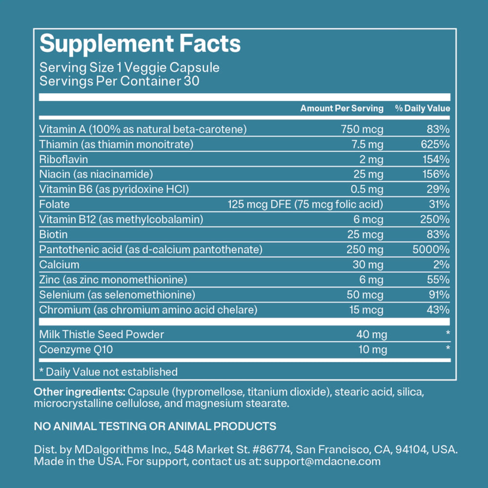 MDacne vegan gluten free label indicating ethical formulation