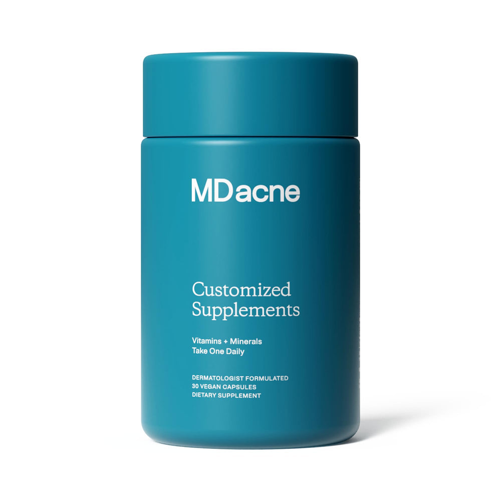 MDacne vitamins bottle front showing skin-clearing capsules for daily support