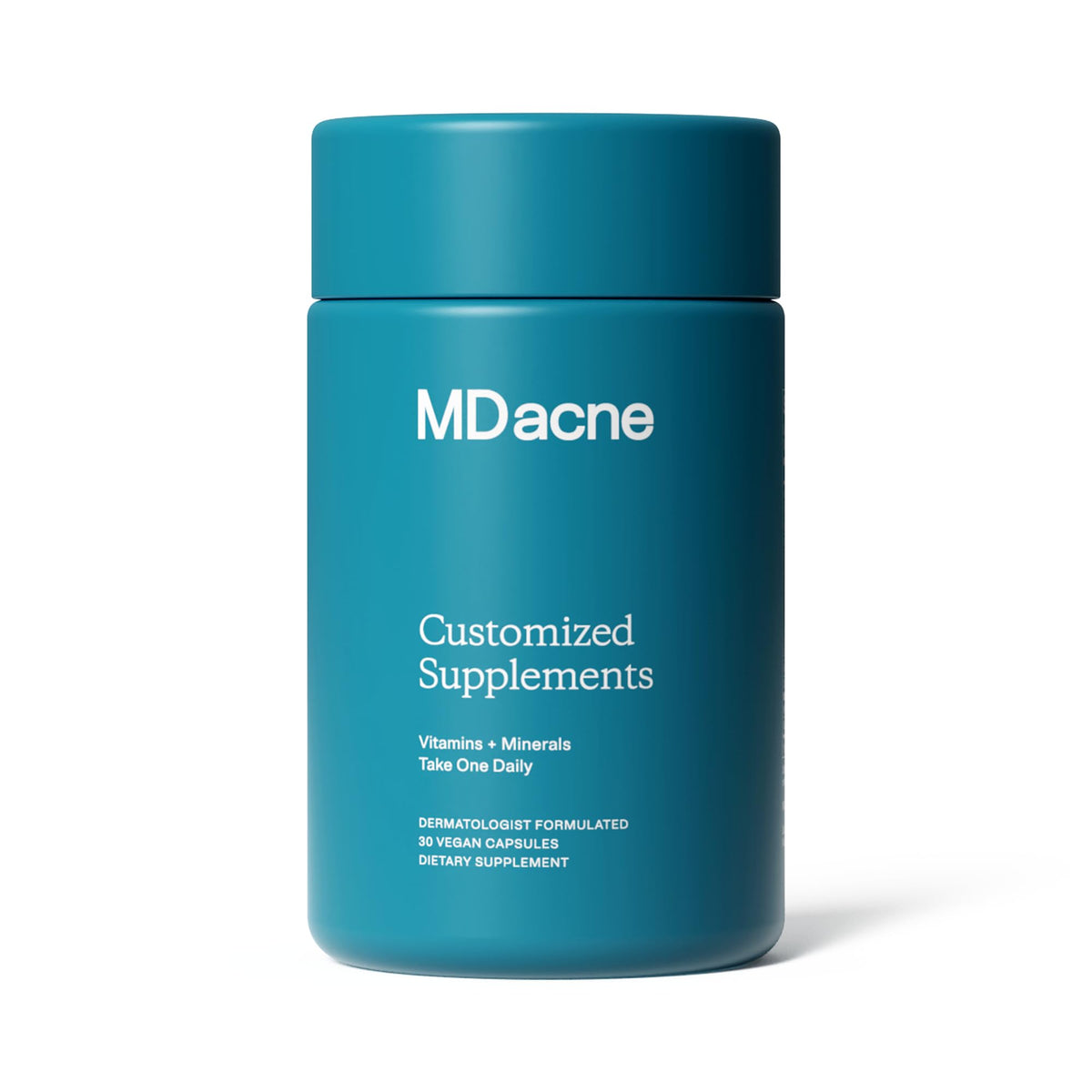 MDacne vitamins bottle front showing skin-clearing capsules for daily support