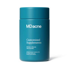 MDacne vitamins bottle front showing skin-clearing capsules for daily support