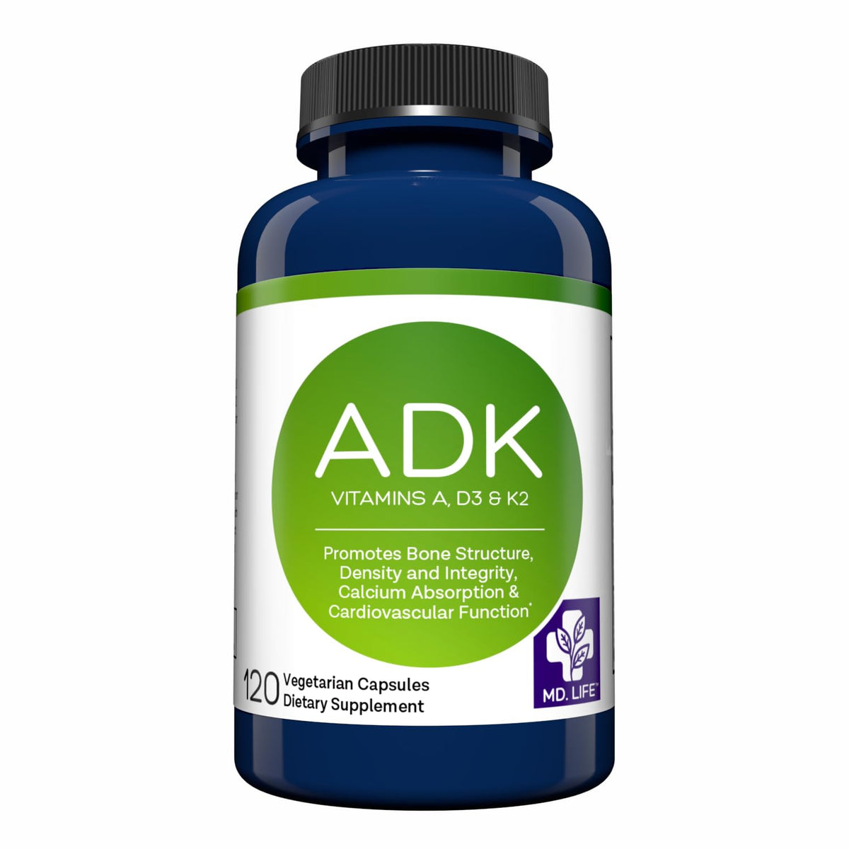 MD.LIFE ADK bottle front image shows a high potency ADK blend for daily bone and heart support