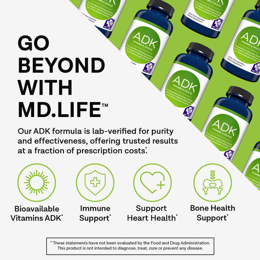 MD.LIFE ADK capsules closeup highlights vegan capsules designed for efficient nutrient uptake
