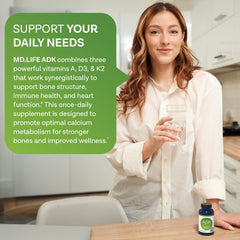 MD.LIFE ADK daily-use image suggests easy daily wellness with D3, A, and K2