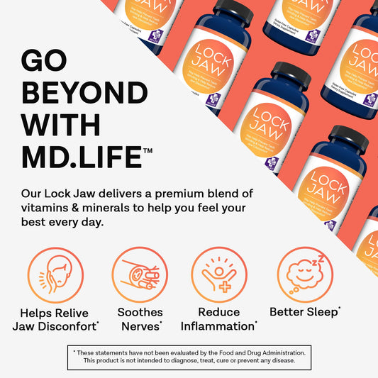MD.LIFE Lock Jaw Assistance bottle with cap shows user-friendly daily routine.