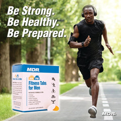 MDR Fitness Tabs AM/PM daily use with glass to illustrate routine