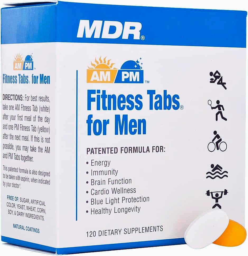 MDR Fitness Tabs AM/PM label details highlight the AM/PM balance