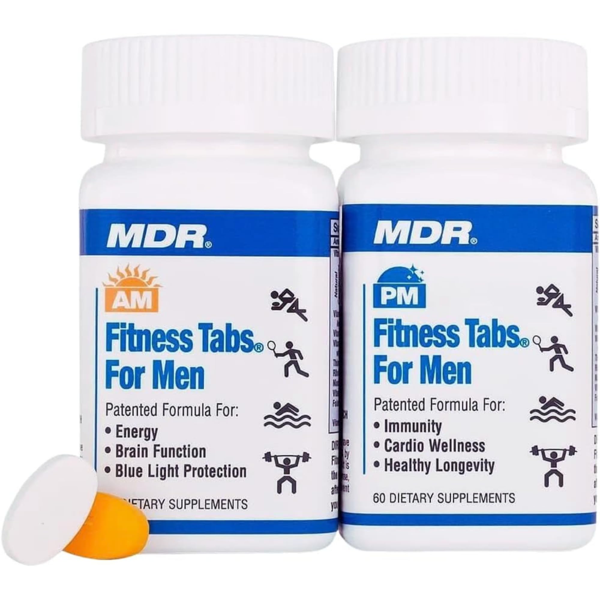 MDR Fitness Tabs AM/PM bottle on shelf supports daily energy for men