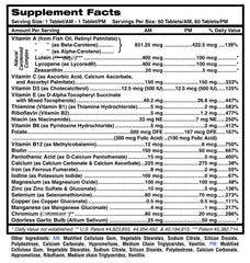 Close-up of MDR Fitness Tabs AM/PM tablets showing nutrients