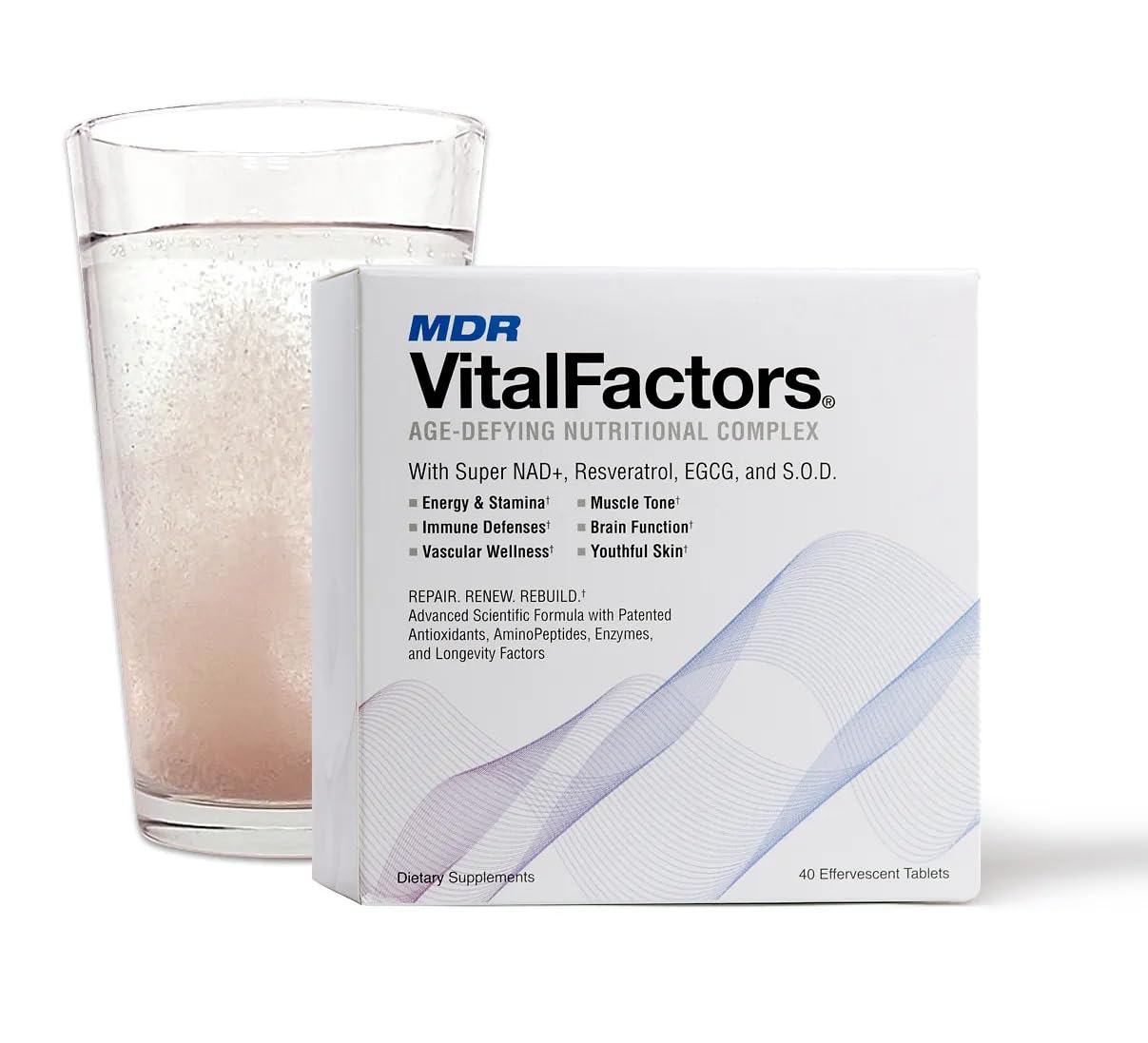 MDR VitalFactors effervescent tablet dissolving in water for a refreshing energy boost.