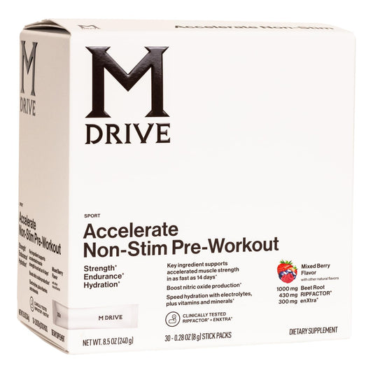 Mdrive Accelerate single-serving packet in Mixed Berry for pre-workout mixing.