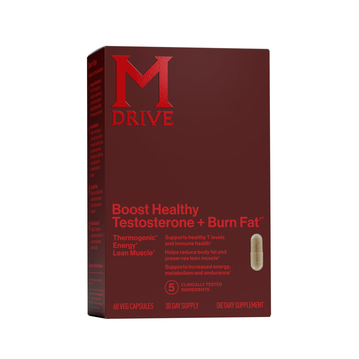 Mdrive Boost & Burn bottle label shows a 2-in-1 formula for energy and fat support
