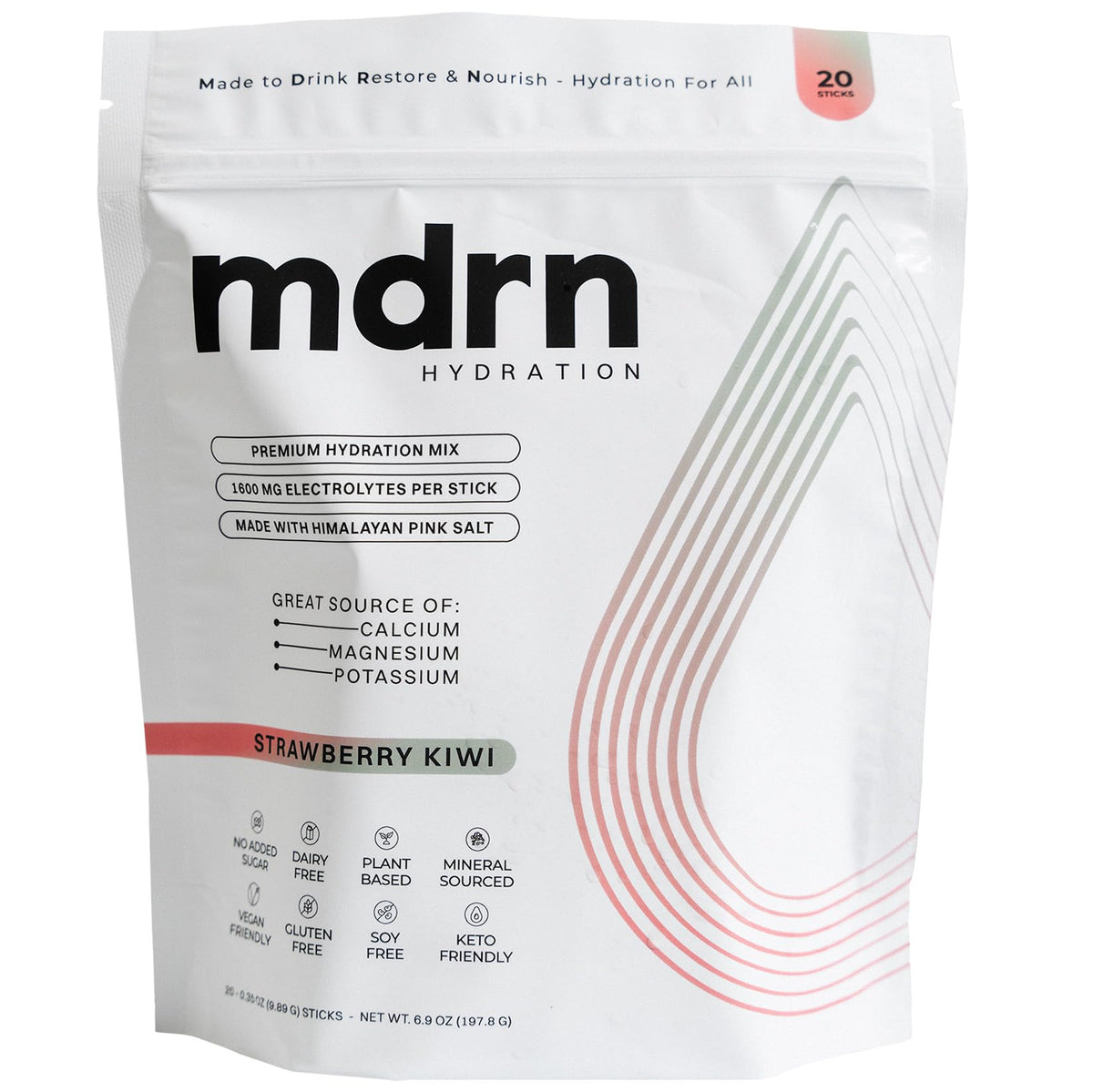 MDRN Hydration strawberry kiwi electrolyte sachet ready to mix for active hydration.
