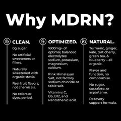 MDRN Hydration sugar-free formula with organic stevia badge.