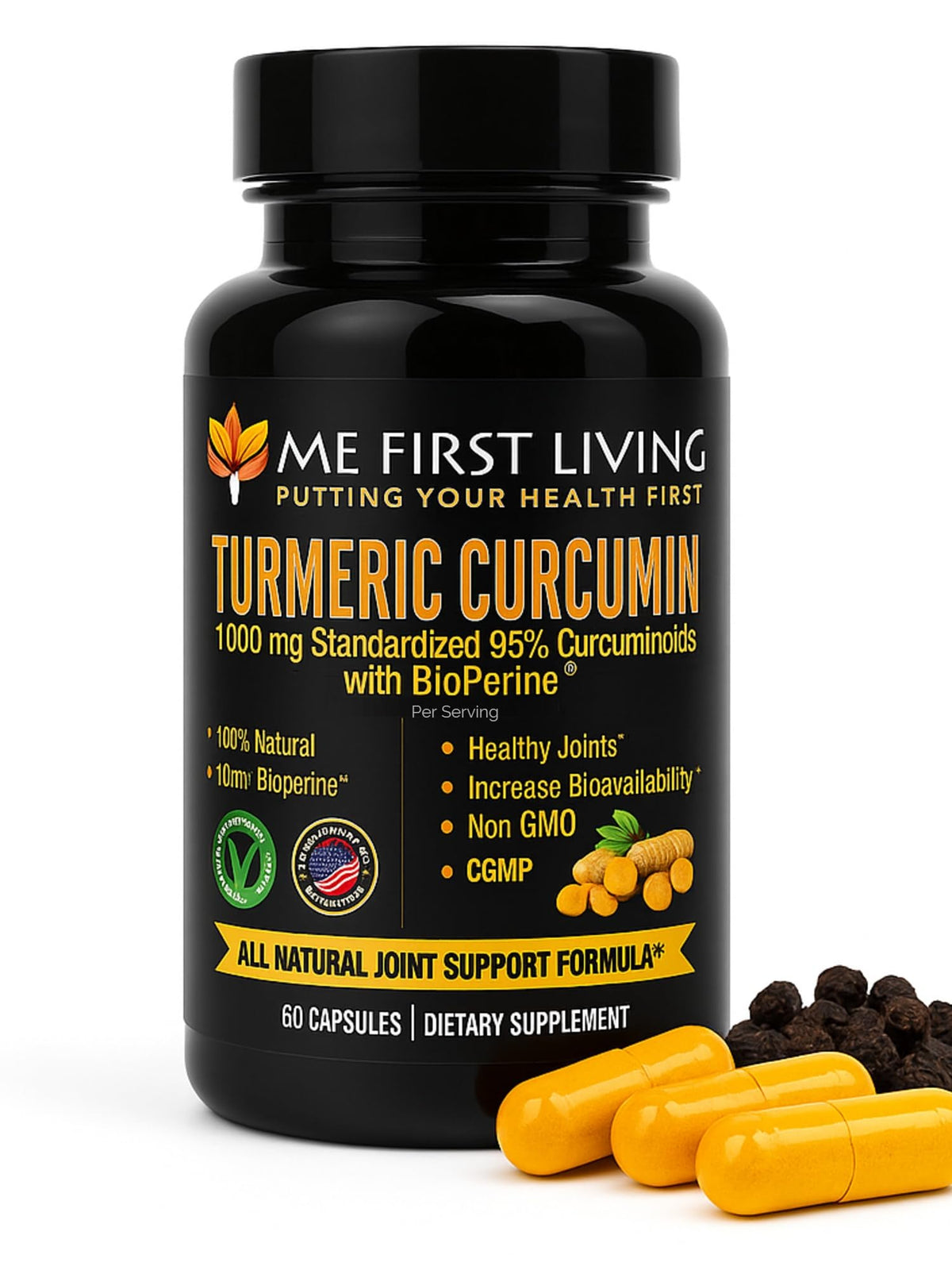 Me First Living Turmeric Curcumin bottle front view, showing potency