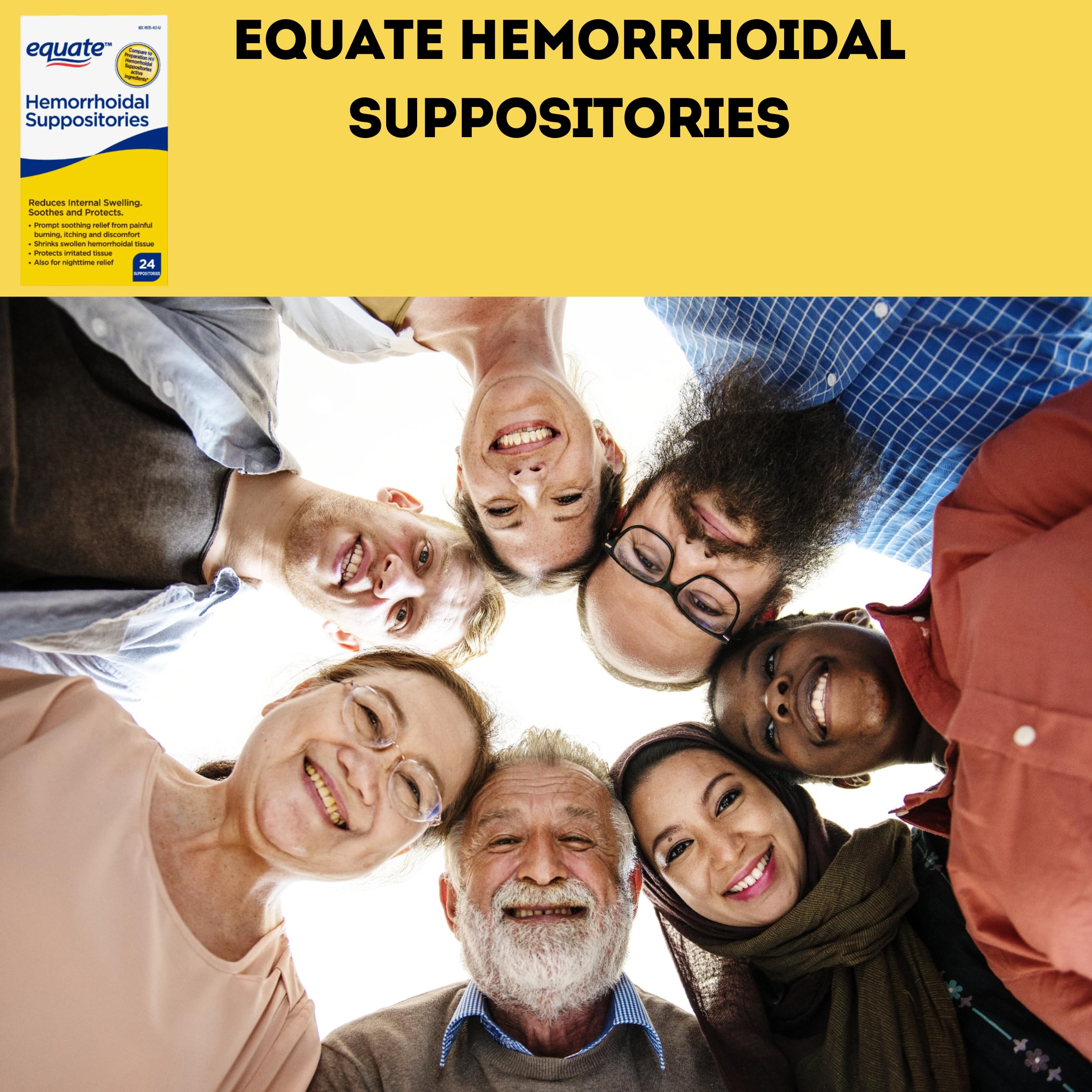 Equate Hemorrhoidal Suppositories image highlights easy insertion and discreet packaging.