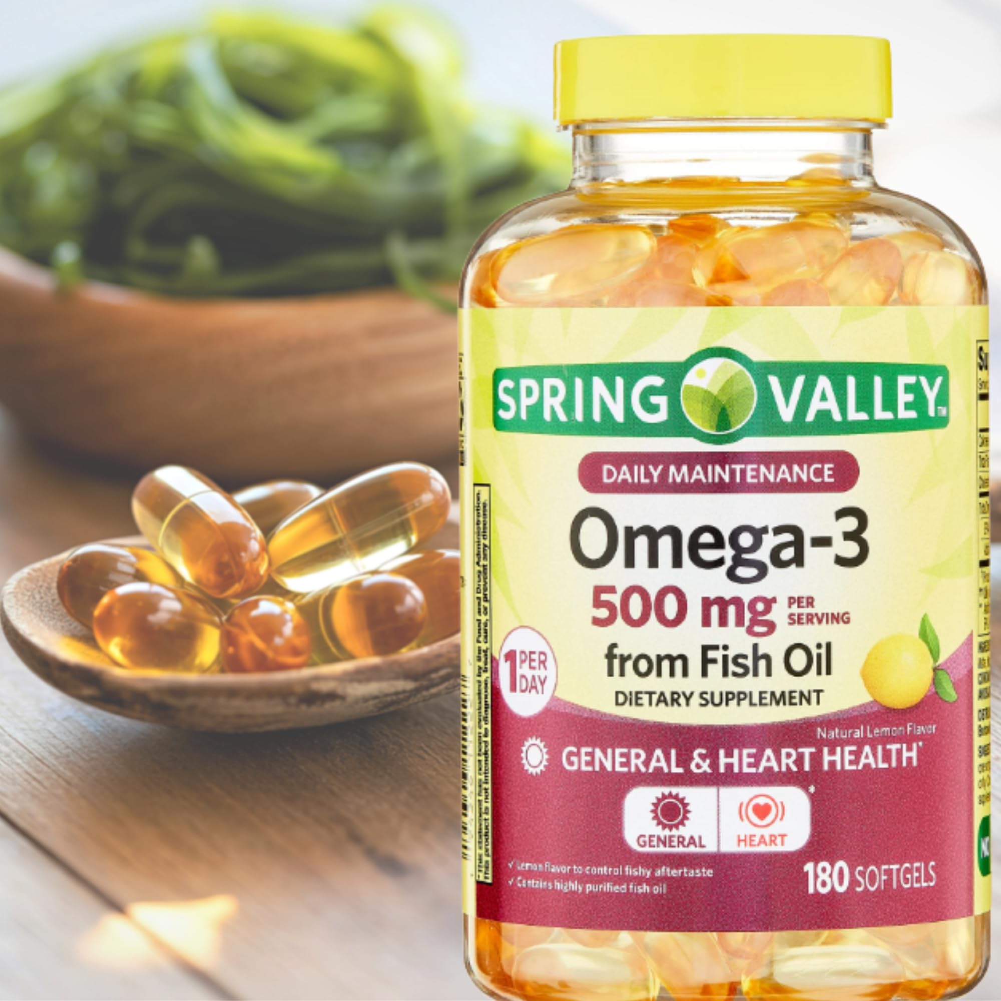Desk setup featuring ME GUSTA Spring Valley omega-3 bottle and sticker