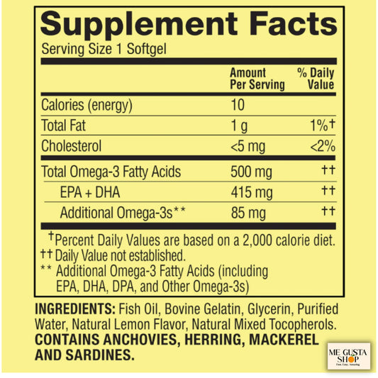 Spring Valley Omega 3 500mg label close-up highlights per softgel strength