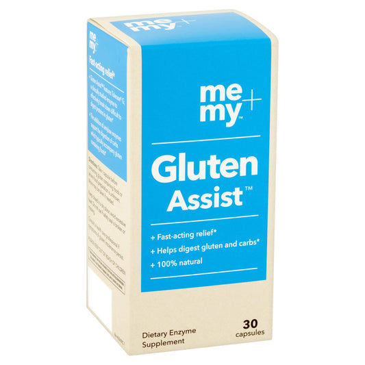 Me + My Gluten Assist bottle front showing the enzyme blend for gluten digestion.