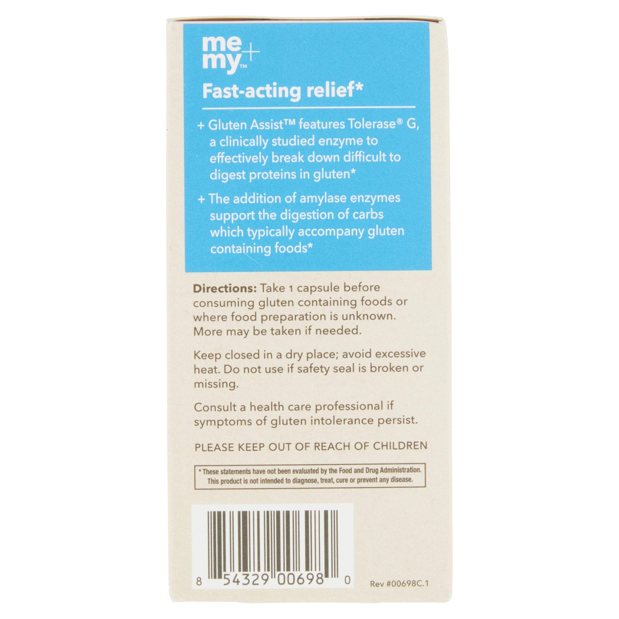 Me + My Gluten Assist bottle label highlighting natural, allergen-free formula.