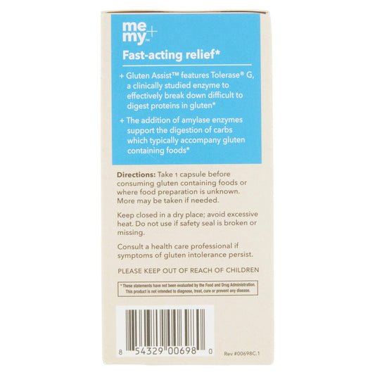 Me + My Gluten Assist bottle label highlighting natural, allergen-free formula.