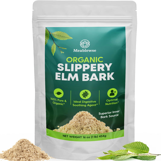 Meablewse Slippery Elm Powder in bottle shows pure inner bark formulation for daily use