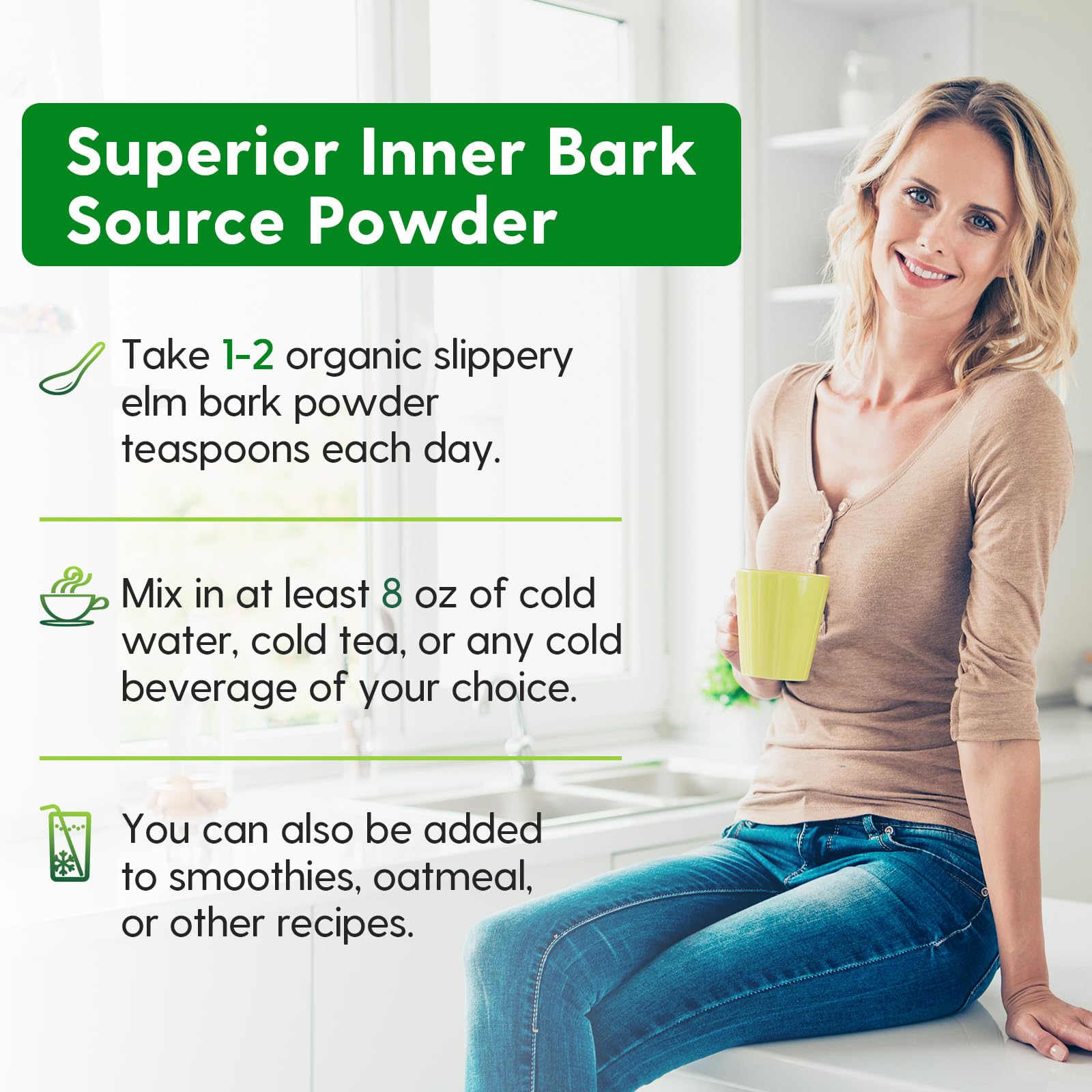 Meablewse Slippery Elm Powder label emphasizes vegan and gluten-free features