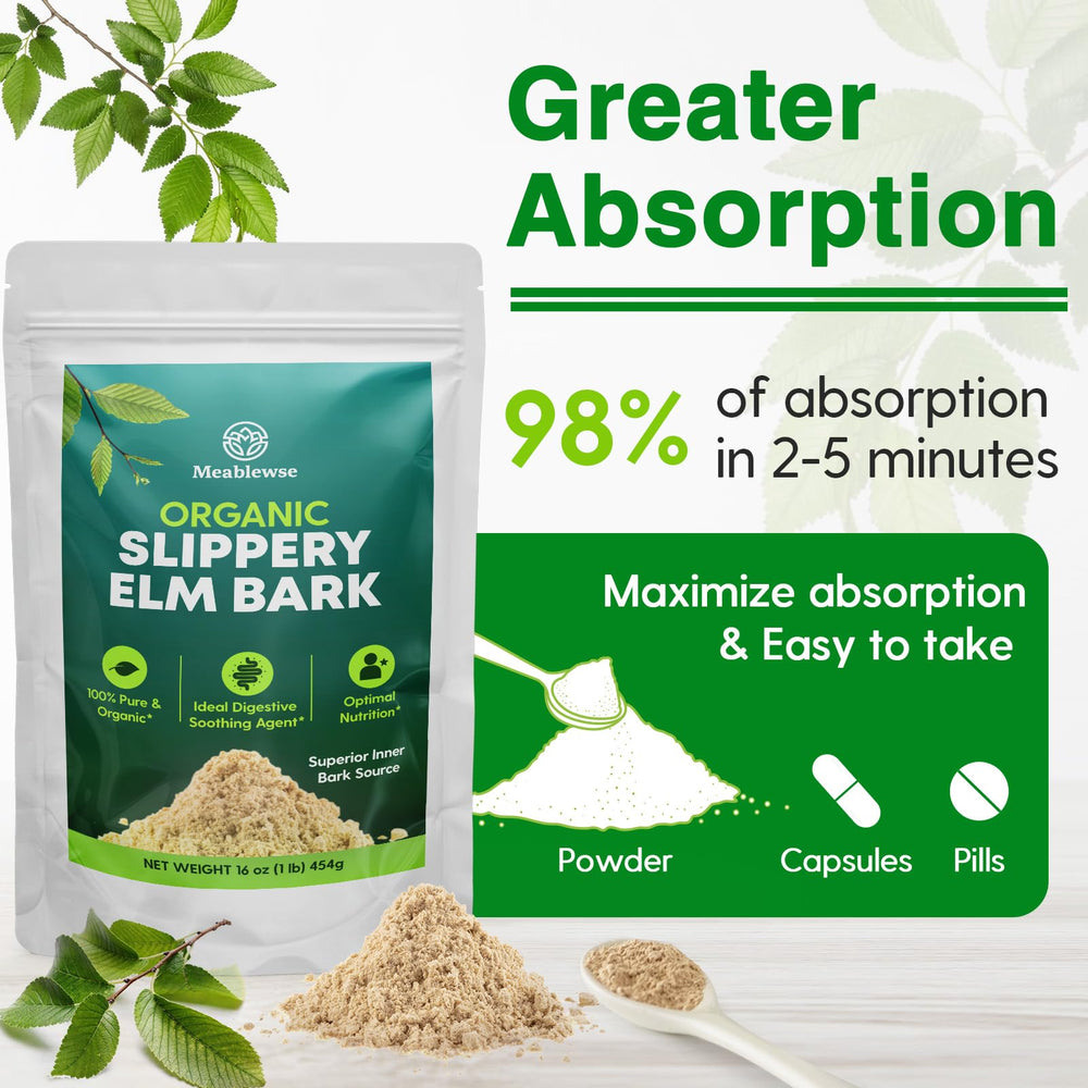 Serving scoop with bag of Meablewse Slippery Elm Powder highlighting 349 servings