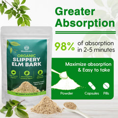 Serving scoop with bag of Meablewse Slippery Elm Powder highlighting 349 servings