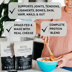 Meal Boosters Savory White Cheddar in pasta dish for flavor and protein.