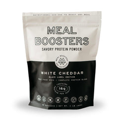Meal Boosters Savory White Cheddar protein powder bottle, ideal for high-protein meals.
