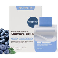 Meche Culture Club probiotic strip melting on tongue for fast gut support