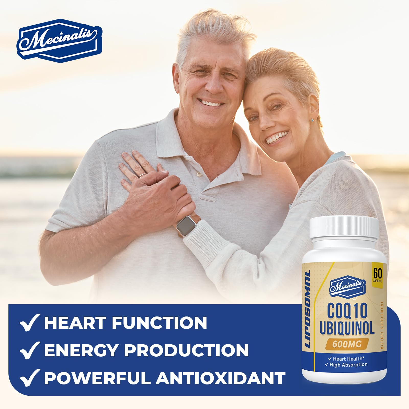 Mecinalis CoQ10 bottle with capsules arranged for a tidy supplement ritual.
