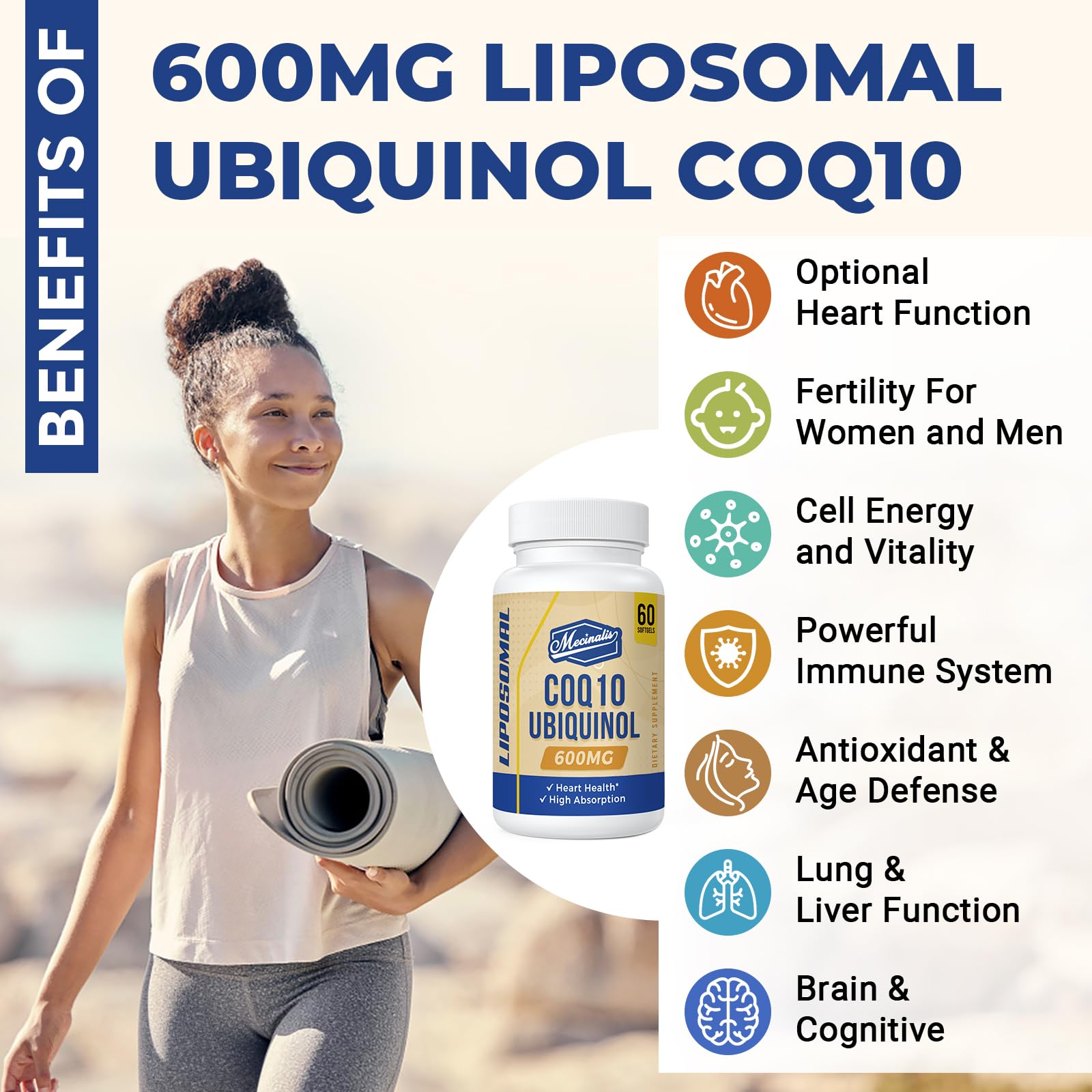 Mecinalis CoQ10 packaging box with dosage info for reliable daily supplementation.