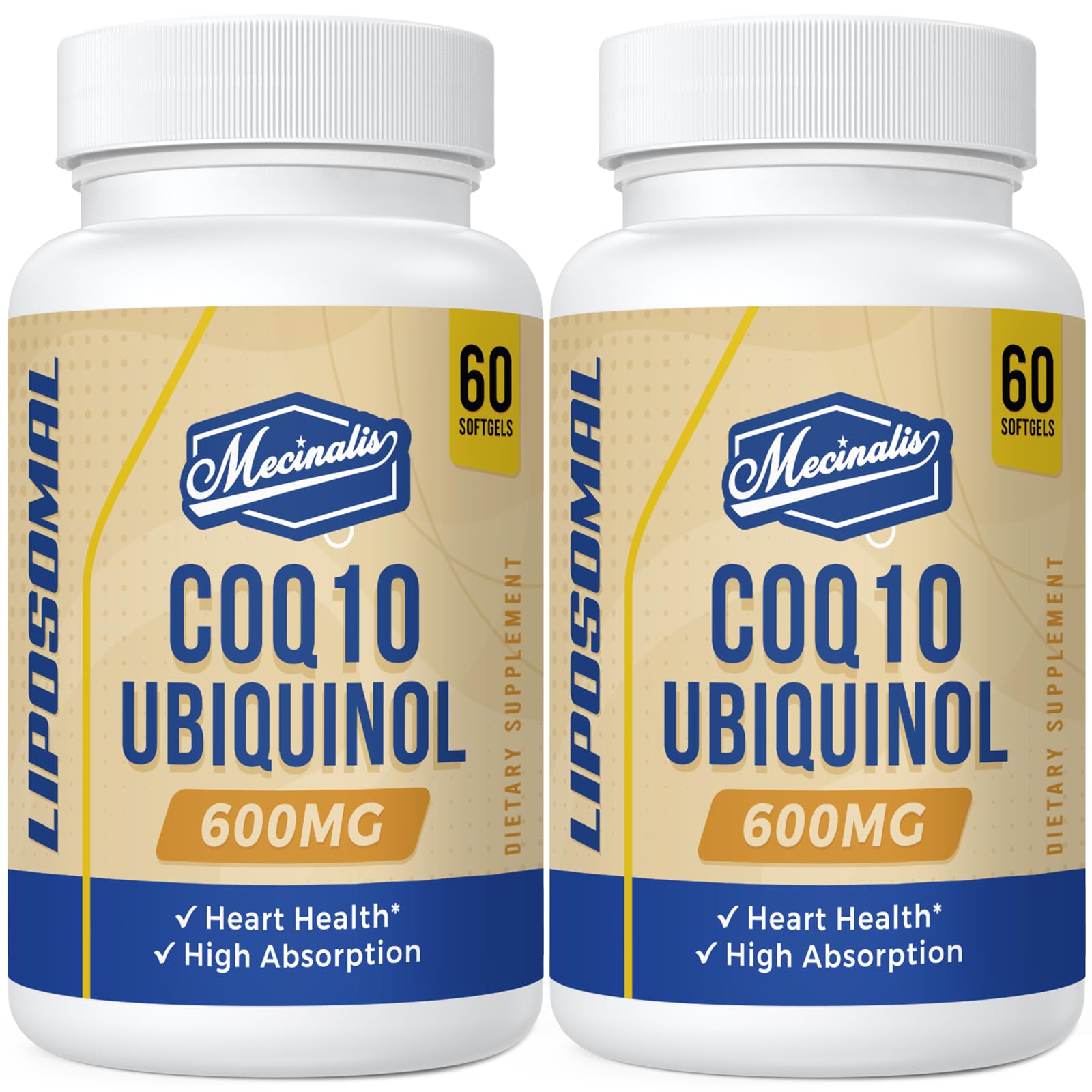 Mecinalis liposomal CoQ10 bottle front highlighting premium packaging and absorption focus.