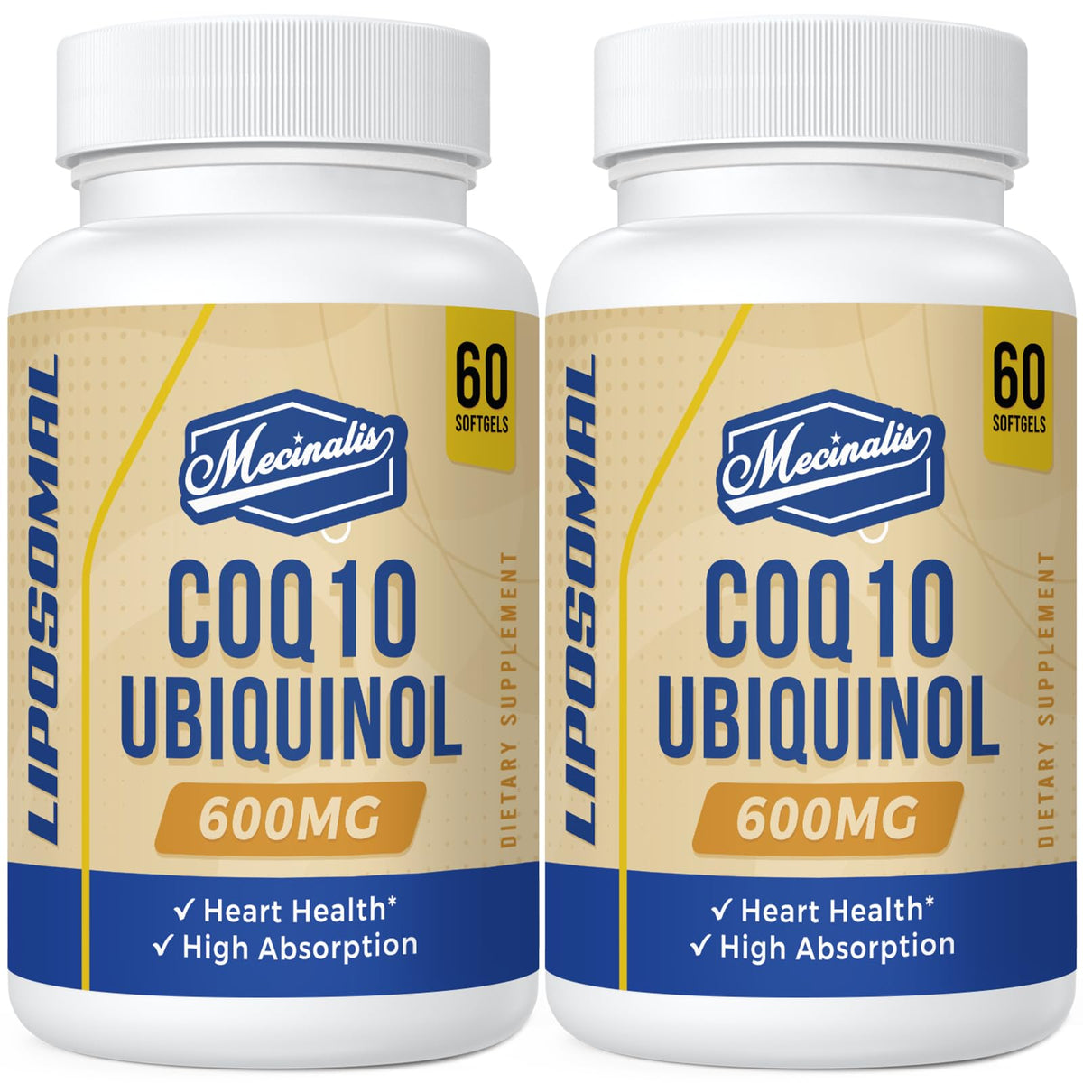 Mecinalis liposomal CoQ10 bottle front highlighting premium packaging and absorption focus.