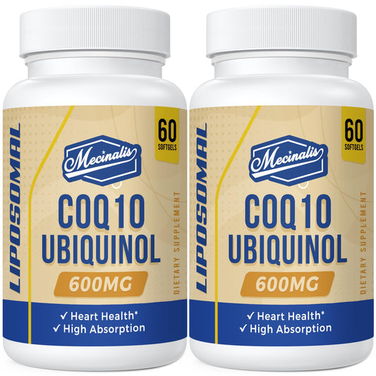 Mecinalis liposomal CoQ10 bottle front highlighting premium packaging and absorption focus.