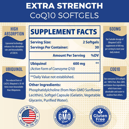 Mecinalis CoQ10 softgels close-up emphasizing 600 mg serving for energy support.