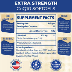 Mecinalis CoQ10 softgels close-up emphasizing 600 mg serving for energy support.