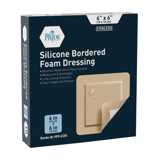 Med Pride adhesive silicone bordered foam dressing 6x6 pad shown, non-adherent protection for wounds and secure wear