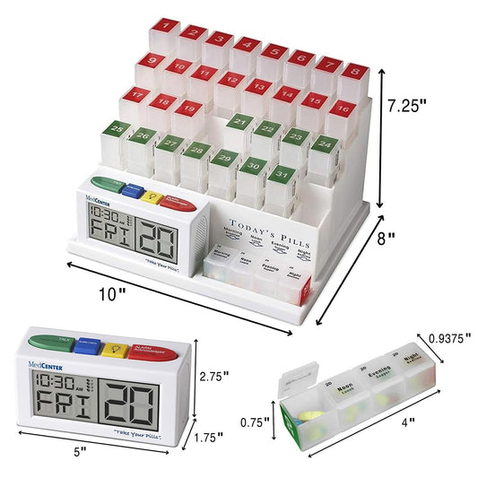 MEDCENTER close-up of daily compartments showing morning, noon, night, and evening dosing.