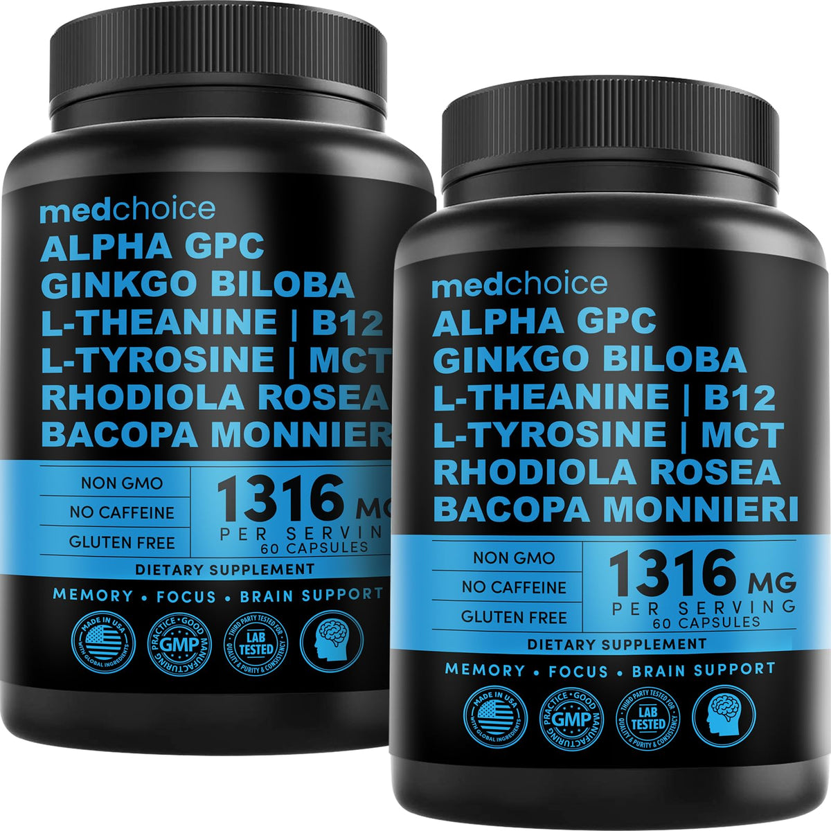 MEDCHOICE 12-in-1 nootropic bottle front emphasizes caffeine-free focus support for daily tasks.