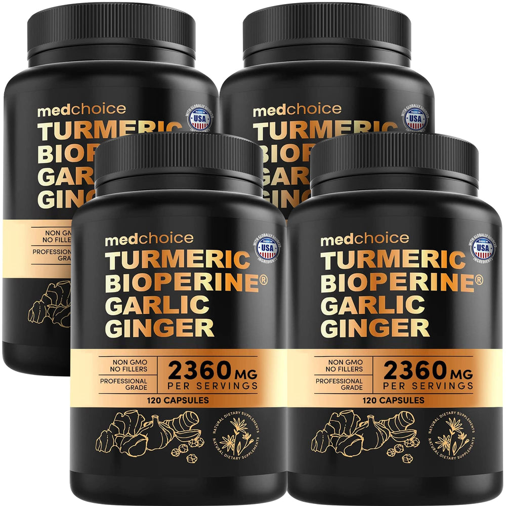 MEDCHOICE 4-in-1 turmeric garlic bioperine packaging highlights a potent daily wellness blend.