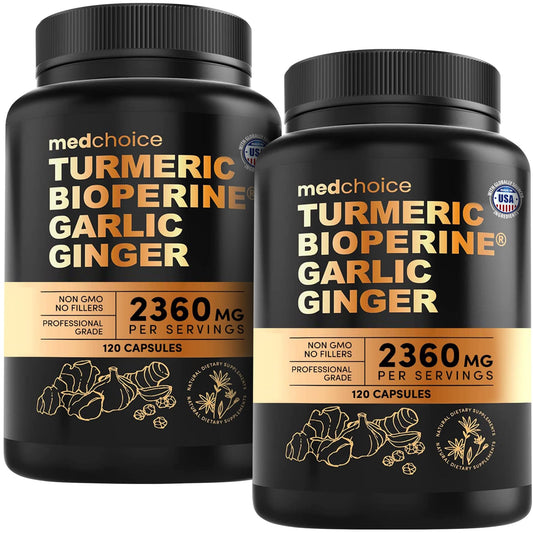 MedChoice 4-in-1 turmeric garlic bottle highlights high potency blend for daily wellness.