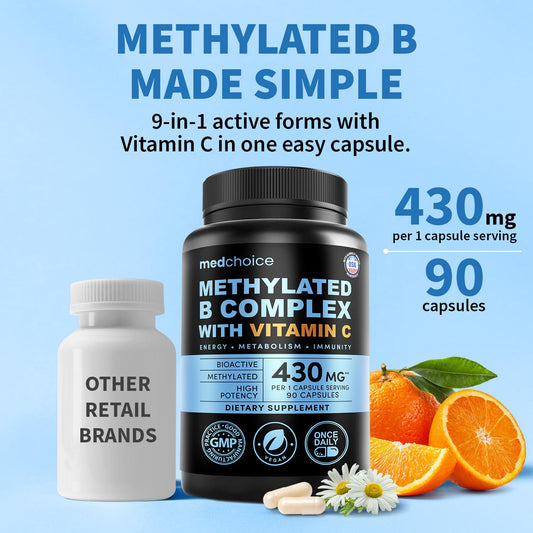 MEDCHOICE 9-in-1 B Complex capsules close-up highlighting bioactive B vitamins