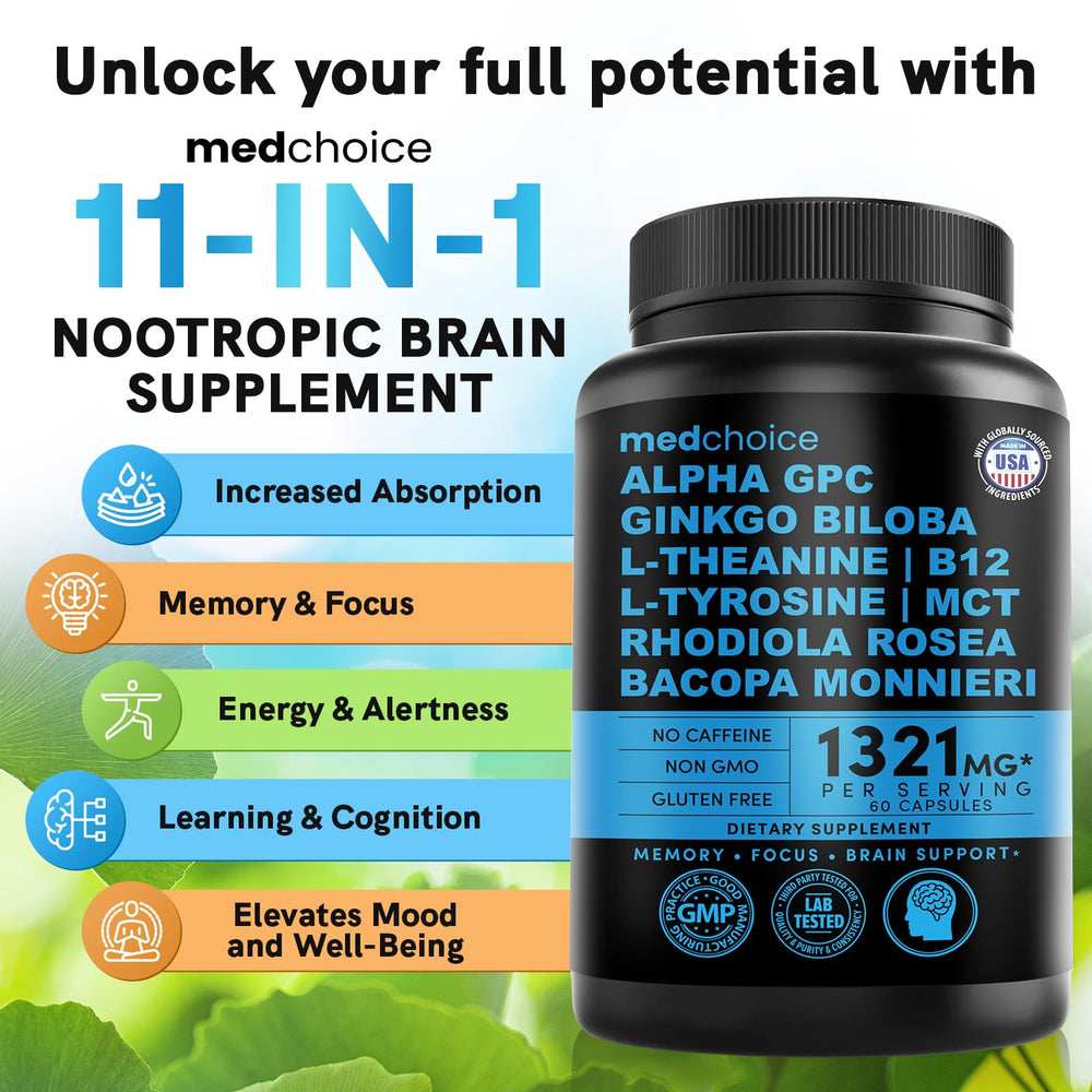 MEDCHOICE capsules 12-in-1 illustrate vegan, gluten-free composition with L-Theanine and Alpha GPC.