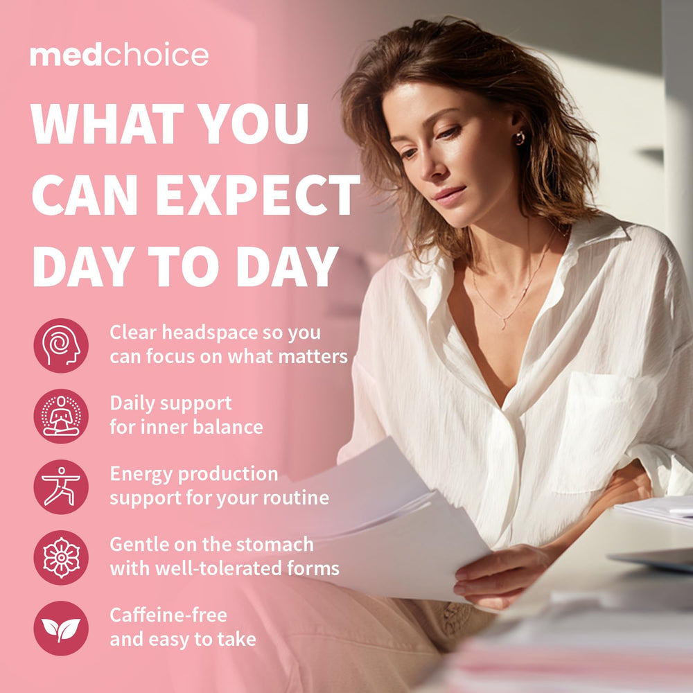 MEDCHOICE daily-use scene shows capsules with breakfast in a glass of water.
