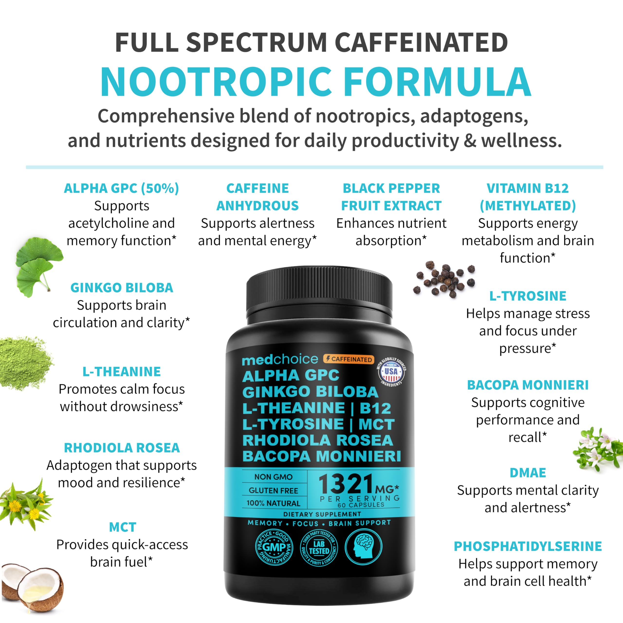 MEDCHOICE ginkgo biloba formula label communicates targeted cognitive support benefits