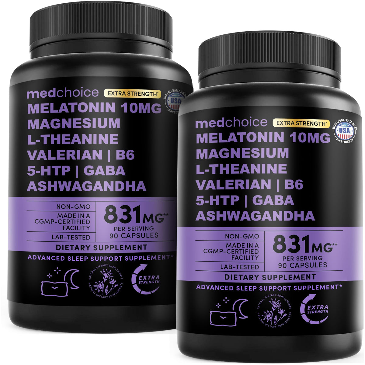 MEDCHOICE melatonin 10mg bottle close-up for a calm bedtime routine.