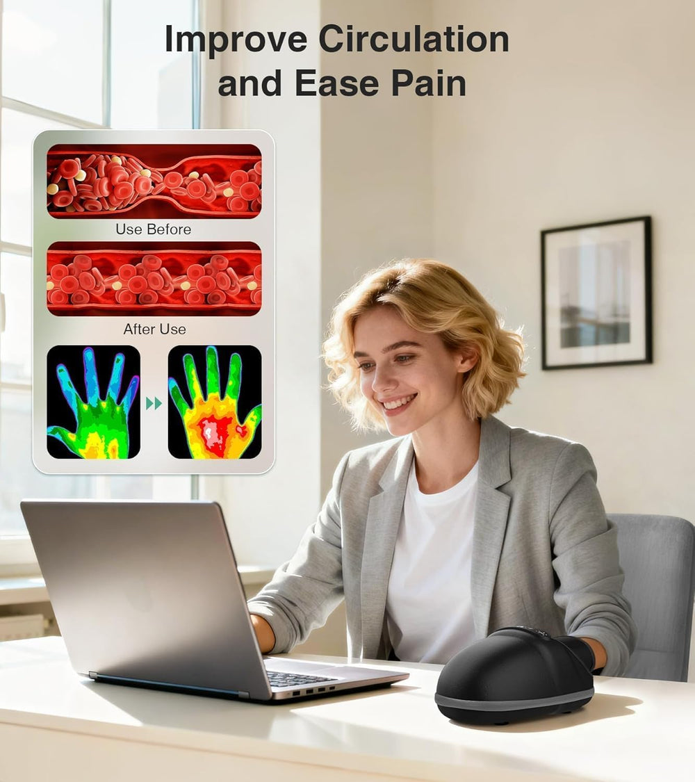 Medcursor hand massager airbag massage demonstrates full palm to fingertips relief.