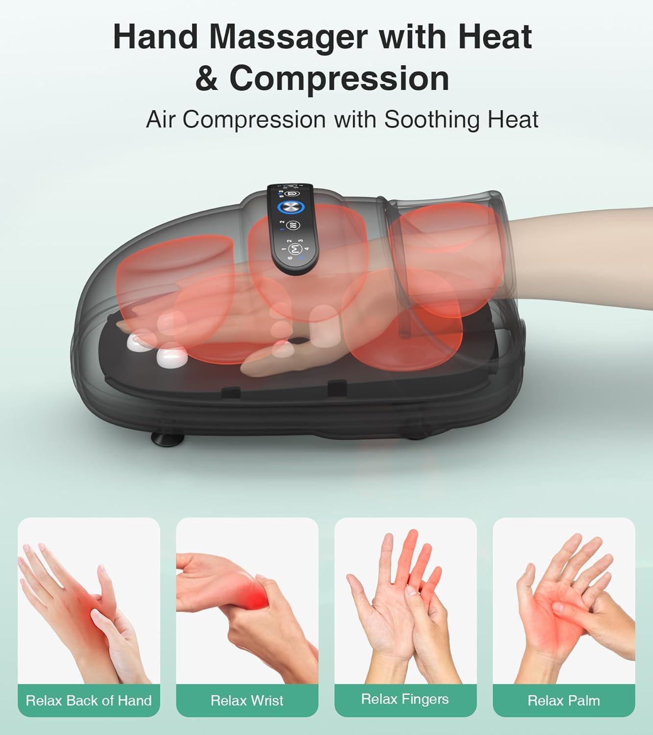 Medcursor hand massager heat levels display emphasizes adjustable warmth.